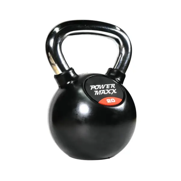 A black kettlebell with a silver handle, labeled Power Maxx 4kg in white and red text.