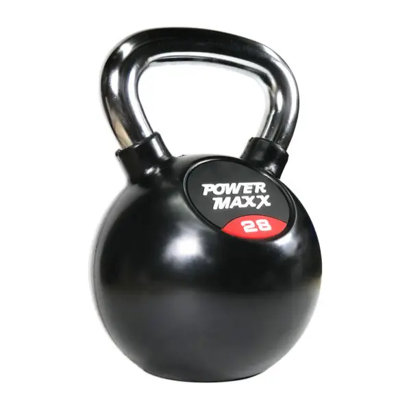 A 4kg black kettlebell with a shiny handle and a red and white Power Maxx label on the front.