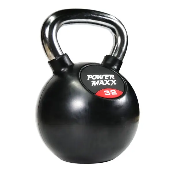 A black Power Maxx kettlebell with a shiny metallic handle features a front label displaying POWER MAXX and 32 in red.