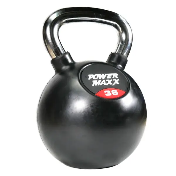 A black kettlebell with a shiny metal handle features a label saying Power Maxx 4kg Kettlebell.
