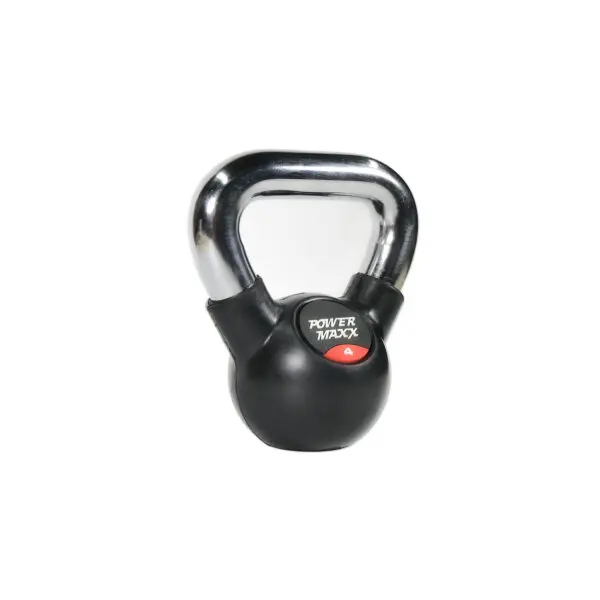 The Power Maxx 4kg Kettlebell is black with a shiny silver handle, and features POWER MAXX printed on the front, plus a red circle displaying the number 4.