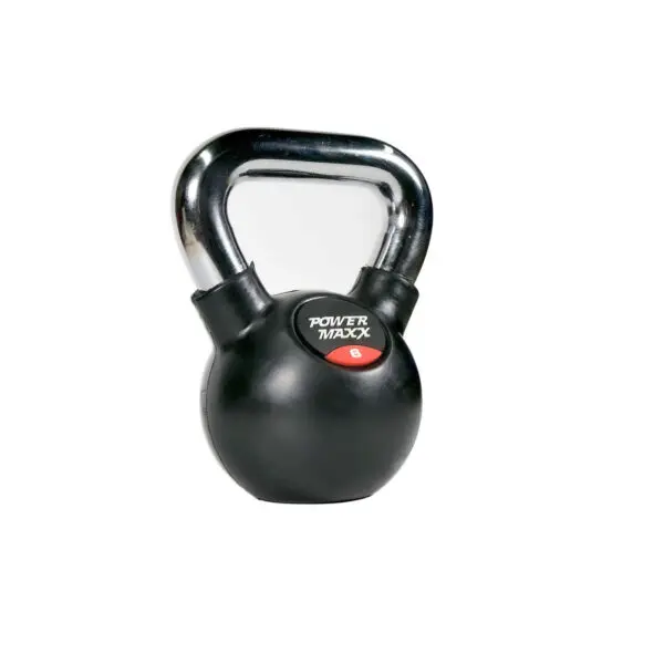 A 4kg Power Maxx kettlebell with a black body and silver handle, showcasing the Power Maxx label in red.