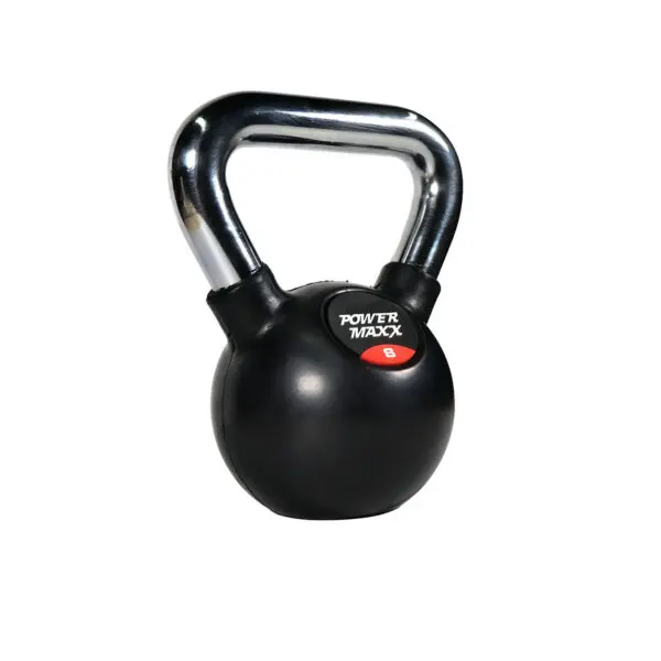 A black kettlebell with a chrome handle, labeled Power Maxx 4kg, displays the number 8 on its front.