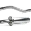 Close-up of the Olympic EZ Curl Bar with a shiny metallic finish and textured grip. Its rotating sleeve boosts performance, and the chrome surface reflects light, highlighting its smooth, sturdy design perfect for weightlifting exercises.