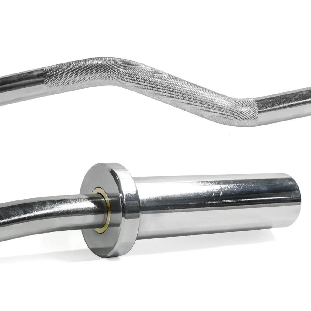 Close-up of the Olympic EZ Curl Bar with a shiny metallic finish and textured grip. Its rotating sleeve boosts performance, and the chrome surface reflects light, highlighting its smooth, sturdy design perfect for weightlifting exercises.