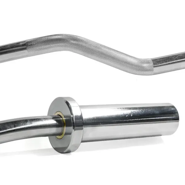 Close-up of the Olympic EZ Curl Bar with a shiny metallic finish and textured grip. Its rotating sleeve boosts performance, and the chrome surface reflects light, highlighting its smooth, sturdy design perfect for weightlifting exercises.