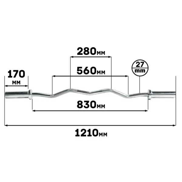 Diagram of the Olympic EZ Curl Bar: It’s 1210mm long with 170mm on each end, a 560mm central section, and an 830mm wavy middle. The diameter is 27mm, resembling an EZ curl bar for precision lifting and optimal grip.