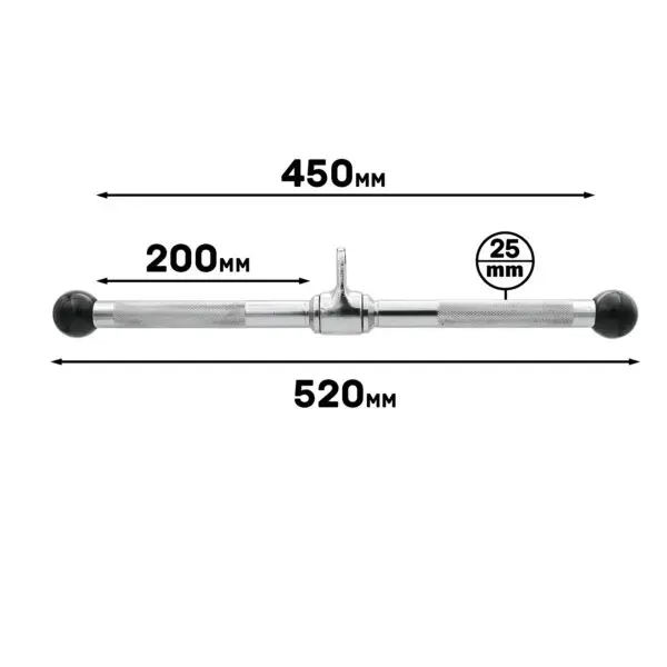 The Revolving Straight Bar is a metal gym attachment measuring 520mm in total length, with grips spaced 450mm apart. The grip measures 200mm in length and the bar has a diameter of 25mm. It features knurled grips and rubber-capped ends.
