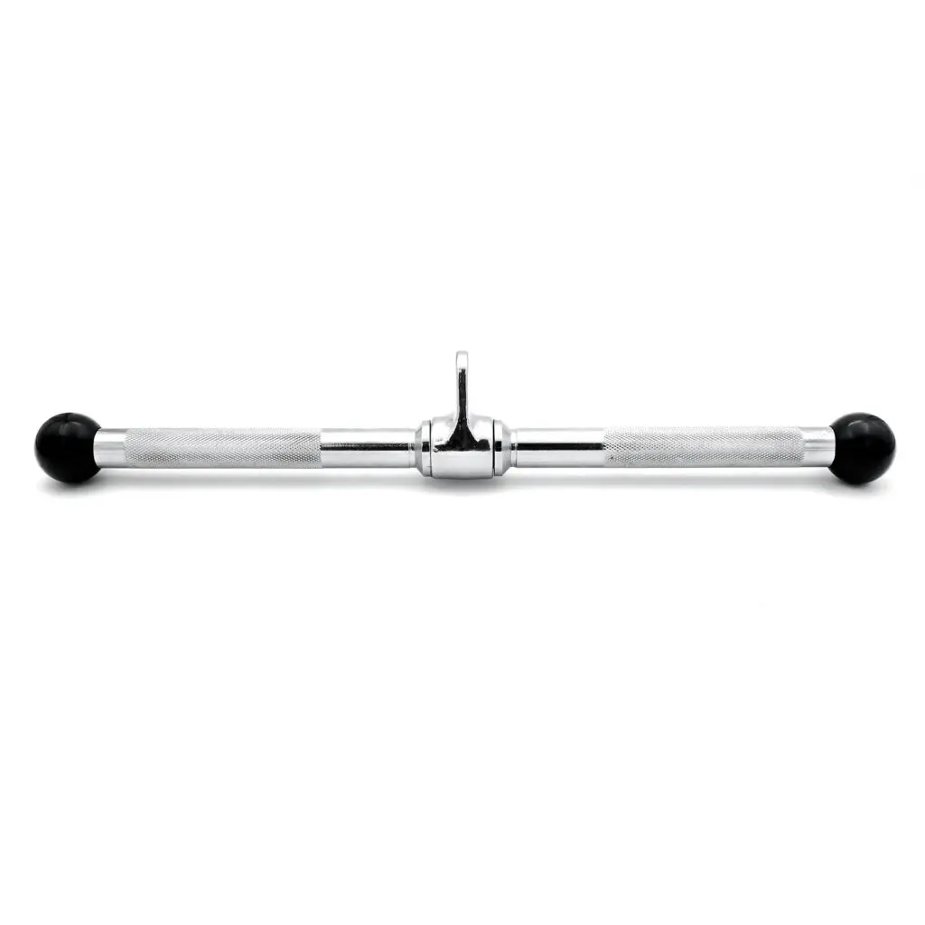 The Revolving Straight Bar is a chromed metal gym cable attachment with rubber grips on both ends, ideal for triceps press-downs. It features a central loop for pulley system connections.