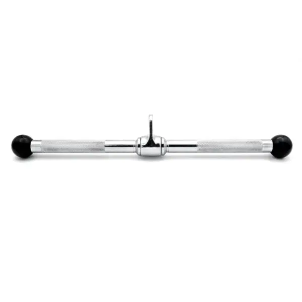 The Revolving Straight Bar is a chromed metal gym cable attachment with rubber grips on both ends, ideal for triceps press-downs. It features a central loop for pulley system connections.