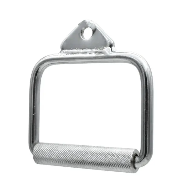 The Stirrup Handle is a metal D-handle with a knurled grip, ideal for cable machine workouts like rows or tricep extensions. It features a triangular attachment point for seamless cable connection.