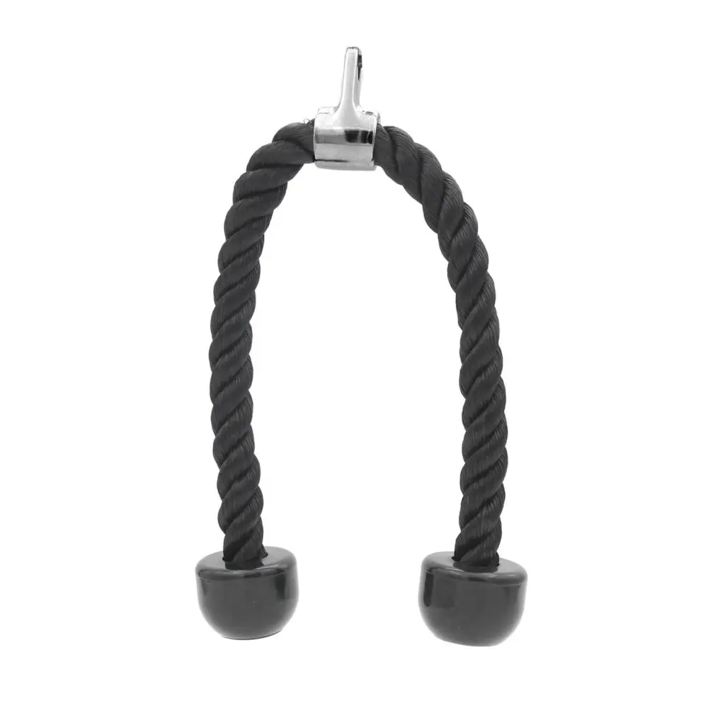 The Tricep Rope Attachment features a black, thick twisted rope with two rubber ends and a metal connector on top. Its perfect for gym equipment, offering a secure grip and robust design; the image displays it suspended vertically.