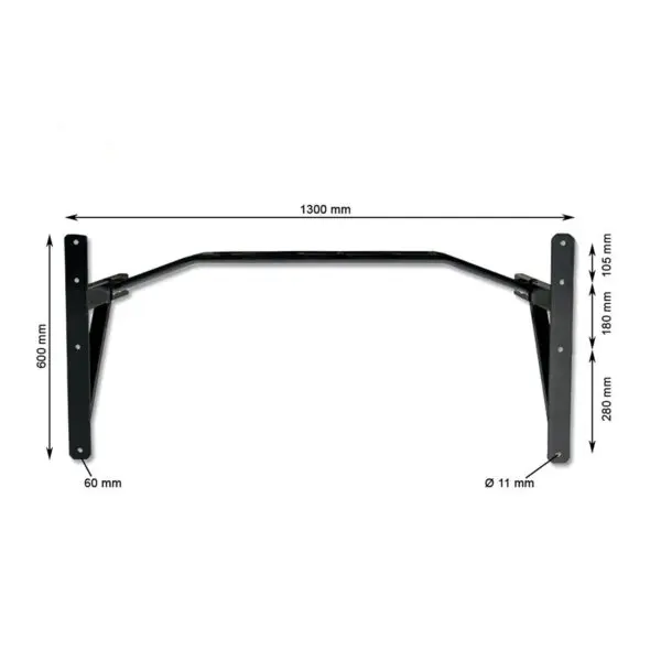 The ATX® Gladiator Chin Up Bar, crafted from black metal, is wall-mounted with dimensions: 1300mm width, 30mm bar diameter, and mounting plates sized at 60mm by 600mm. It extends 105mm from the wall.