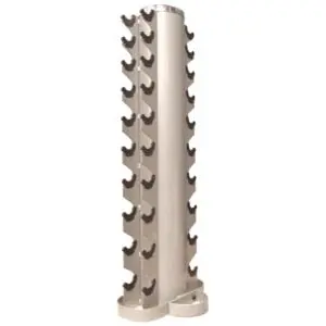 A vertical silver dumbbell rack with multiple slots on each side, designed to hold a set of dumbbells. The rack is freestanding and has a sturdy base.