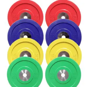 A set of eight brightly colored weight plates arranged in two columns. Each column features red (25 kg), blue (20 kg), yellow (15 kg), and green (10 kg) plates, with a central metal ring in each plate.