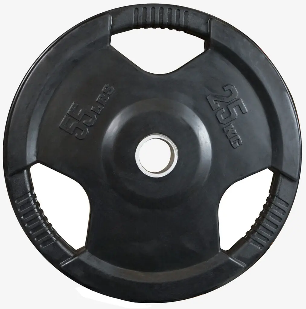 A black weight plate with a central hole, labeled 25 kg and 55 lbs, featuring grip handles on the edges for easy lifting.