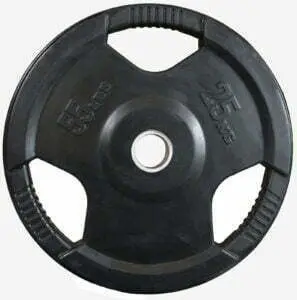 A black weight plate with a central hole, labeled 25 kg and 55 lbs, featuring grip handles on the edges for easy lifting.