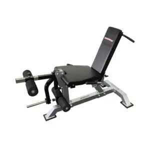 A black and silver adjustable weight bench with padded backrest and leg extension attachment. It is designed for strength training and has a sturdy metal frame and removable components.
