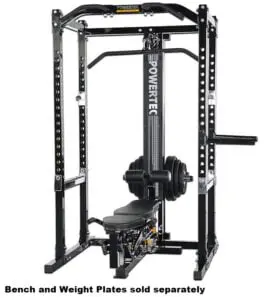 Powertec Fitness equipment featuring a black weight rack with adjustable bench and weight plates attached. The setup is designed for strength training. Text at the bottom states Bench and Weight Plates sold separately.
