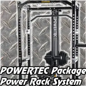 A Powertec power rack system in a gym setting with a metallic textured background. The image showcases a weightlifting setup with adjustable bars and weight plates. Text overlay reads POWERTEC Package Power Rack System..