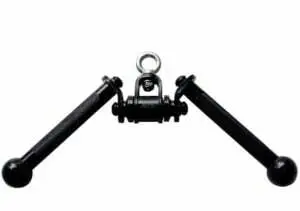 Close-up of a black, double-grip gym attachment with textured handles and a central swivel eye loop for cable machines. The attachment features cylindrical handles with rounded ends, designed for strength training exercises.