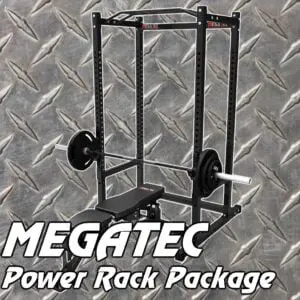 The image shows a Megatec power rack with a bench and barbell set on a diamond plate steel background. The text MEGATEC Power Rack Package is displayed in the lower left corner.