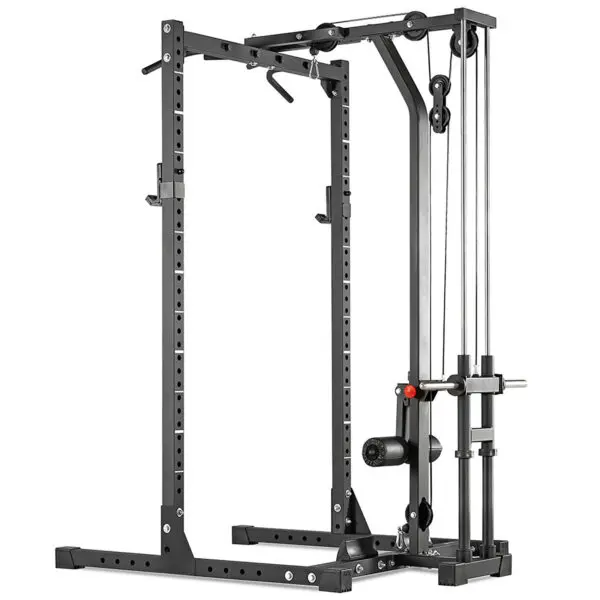 The ATX® Half Rack is a black multifunctional power rack featuring a pull-up bar, cable system, and adjustable weight pegs. Its sturdy design makes it ideal for strength training exercises like squats, bench presses, and pull-ups.