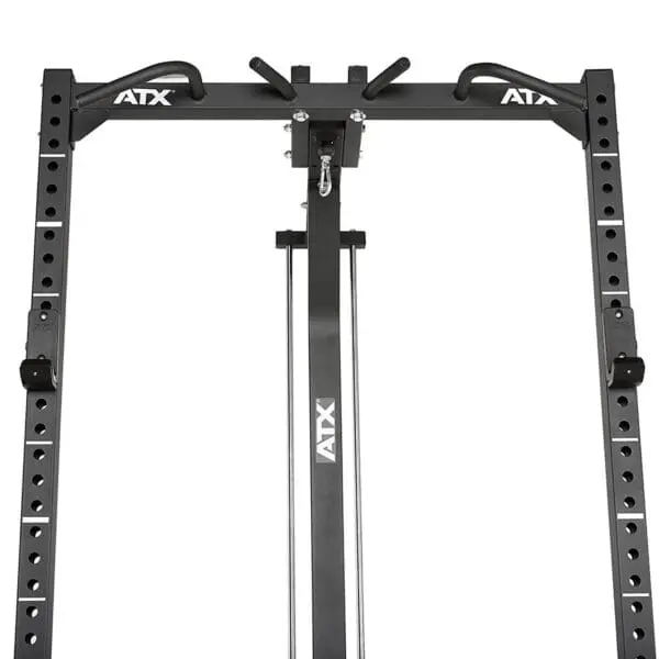 The ATX® Half Rack is black, features adjustable brackets and a multi-grip pull-up bar. The frame has holes for accessory attachments or height adjustments, perfect for strength training.