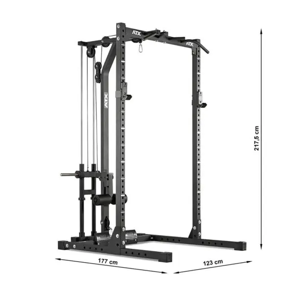 The ATX® Half Rack is a black power rack featuring a pulley system and adjustable components. It measures 177 cm in width, 123 cm in depth, and stands 217.5 cm tall, making it ideal for diverse strength training exercises.