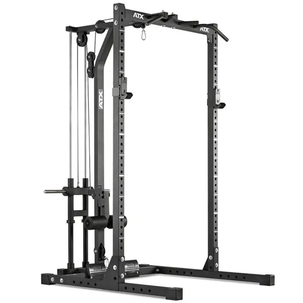 The ATX® Half Rack is a sturdy black power cage with adjustable weightlifting attachments, including cable pulleys, safety bars, and a pull-up bar. It features multiple holes for customization and is suitable for home or gym strength training.