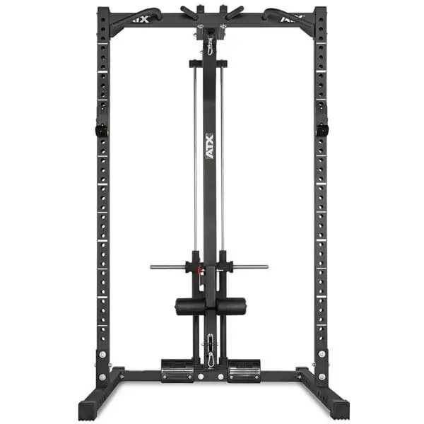 The ATX® Half Rack is a black power rack for strength training, equipped with an adjustable cable system and barbell holder. It offers multiple height adjustment holes and a sturdy base for stability.