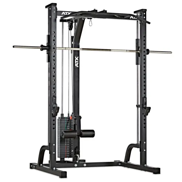The ATX® Smith Machine System features a black power rack with integrated cable machine and barbell, including adjustable pulleys, 115 kg weight stacks, and safety bars, perfect for diverse strength training exercises.