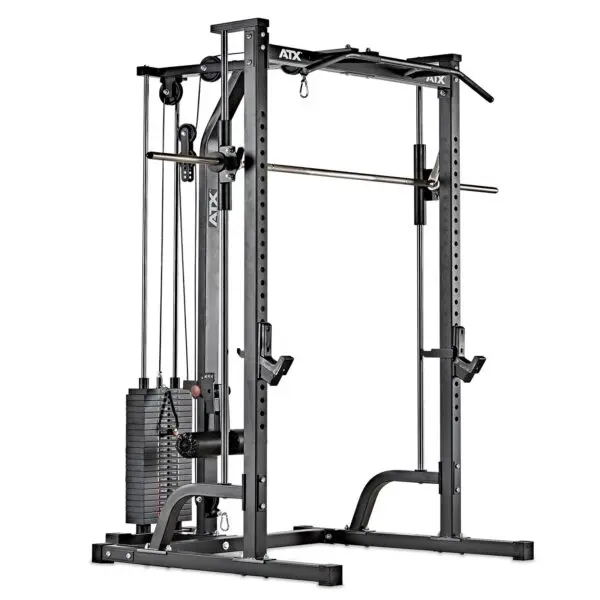 The ATX® Smith Machine System Stack Weight 115 kg is a versatile gym machine with weight stacks, a pull-up bar, and adjustable cables, ideal for strength training exercises such as weightlifting and resistance training.