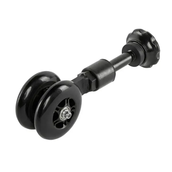 The ATX® Mobility Roller features a black dual skate wheel mechanism with an adjustable arm, complete with a knob on one end. Its design showcases smooth, parallel wheels and a sleek, modern appearance.