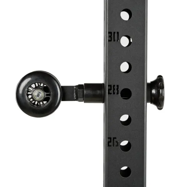 Close-up of an ATX® Mobility Roller, featuring a metal adjustable rack with numbered holes 30, 28, and 27 visible for adjustment levels. A wheel is attached to a horizontal bar, likely used for fitness or equipment purposes.