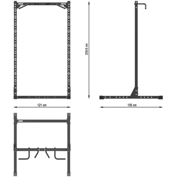 Diagram of the ATX® Half Rack: Front view shows 121 cm width, side view displays a 209.6 cm height and 135 cm depth. Bottom view highlights hooks and frame structure details.