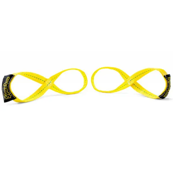 Bright yellow lifting straps with black ends are shown on a white background, shaped into loops for weightlifting or training support.
