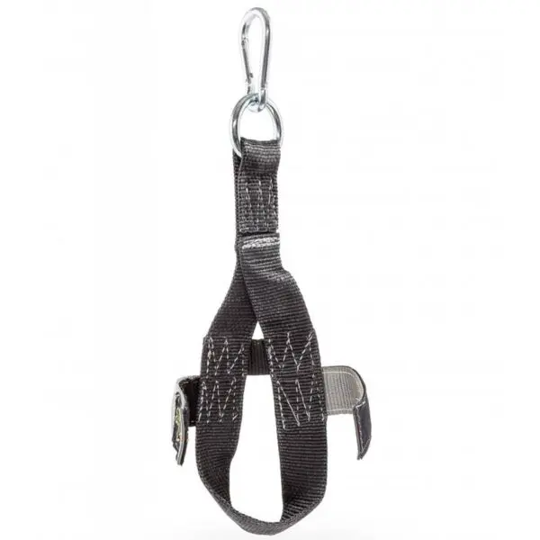 A black nylon hanging strap with reinforced stitching, a metal O-ring at the top, and an adjustable Velcro strap designed to hold items securely.