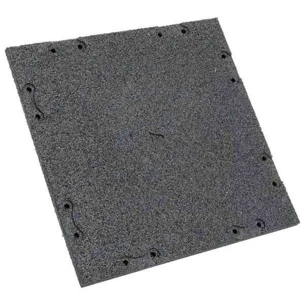 The GymFloor RTS 50x50@20mm System features a square, textured black surface with symmetrically arranged small holes along its edges, made from a rubbery material ideal for protection and anti-slip purposes.