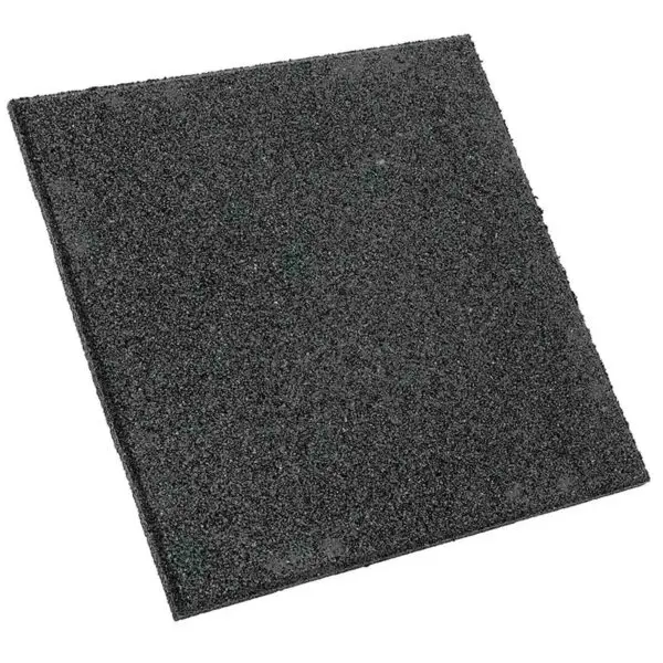 The GymFloor RTS 50x50@20mm System showcases a black, textured, square-shaped rubber mat on a white backdrop. It is precisely cut with a mildly rough surface, ideal for flooring or cushioning.