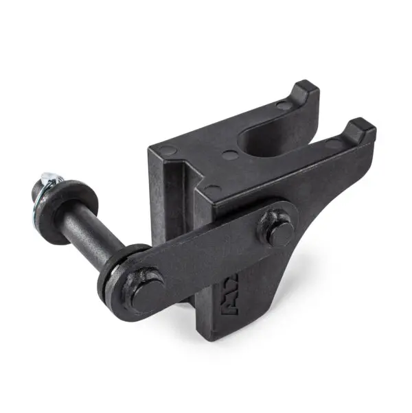 The ATX® Bar Holder is a rugged black metal bracket, equipped with a bolt and hinge mechanism and featuring a U-shaped slot, designed for secure mounting.