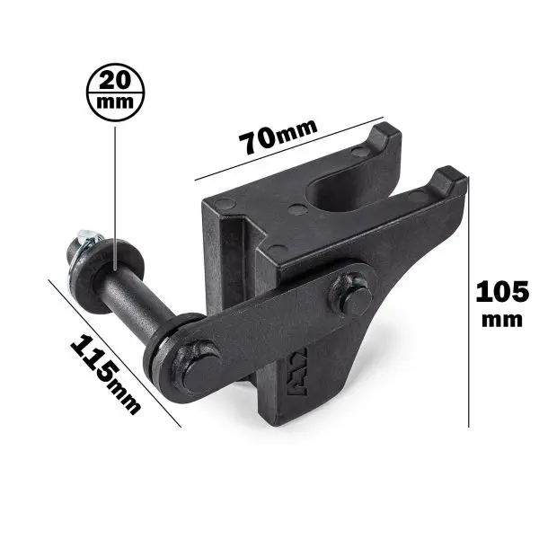 Close-up of the ATX® Bar Holder, a black metal bracket with dimensions: 70mm width, 105mm height, 115mm length, and a 20mm bolt diameter; featuring a hinge mechanism and a bolt with a nut.