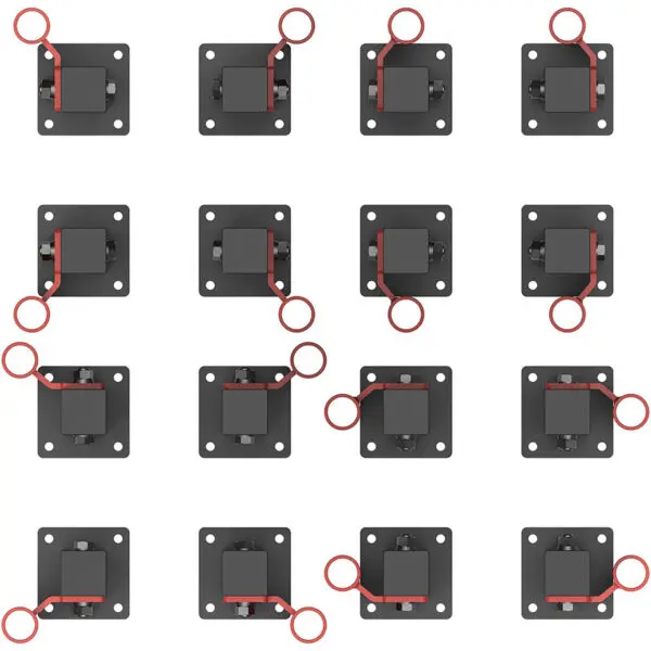 A grid of 16 square plates from the ATX® Olympic Barbell Storage Offset features black plates with red looped handles on top. The loops vary in position across the grid, creating an engaging pattern.