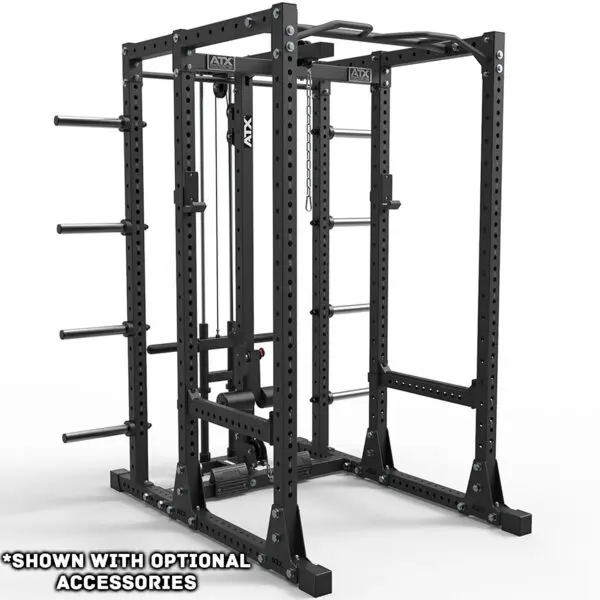 The ATX® 750 Rack Extension is a black power rack with adjustable supports, a pull-up bar, and weight plate storage. It features multiple holes for height customization and includes text at the bottom left: SHOWN WITH OPTIONAL ACCESSORIES.