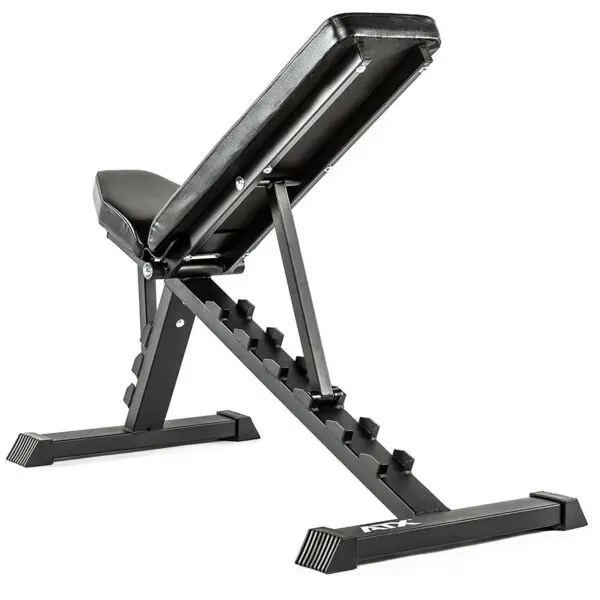 The discontinued ATX® Multi Bench 102 features a sturdy metallic frame, black padded seat, and backrest in an inclined position with foot supports, ideal for strength training exercises.