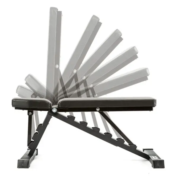 The ATX® Multi Bench 102 - DISCONTINUED features a padded seat and backrest with a metal frame, showcasing its adjustable positions from flat to upright.
