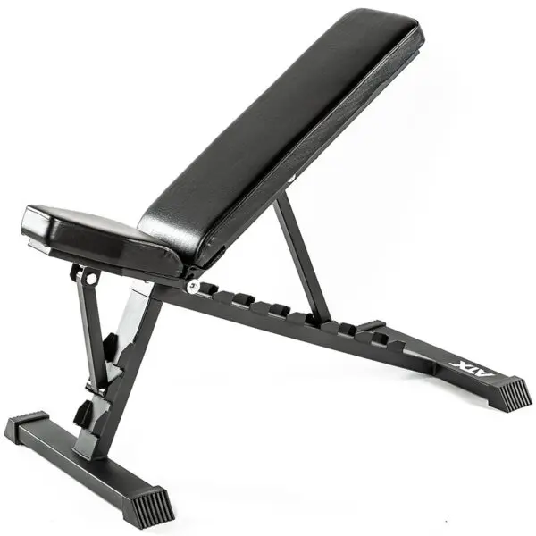 The ATX® Multi Bench 102, now discontinued, features a black padded seat and backrest with an adjustable incline. Its metal frame ensures stability, making it suitable for various exercises.