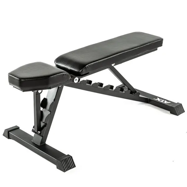 The ATX® Multi Bench 102, now discontinued, is a black adjustable weight bench with a padded seat and backrest for strength training. It features a robust metal frame with various incline settings.
.