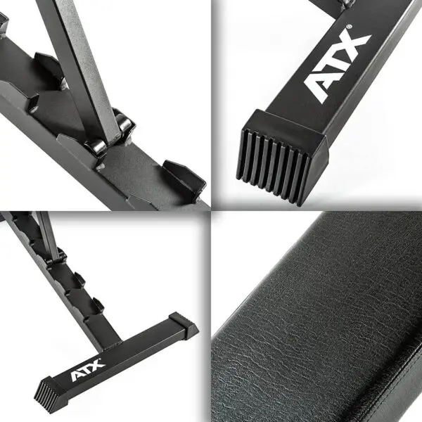 Collage of the ATX® Multi Bench 102, showcasing its durable metal frame, ATX branded textured rubber foot grip, and smooth padded leather surface for comfort. Note: This product is discontinued.