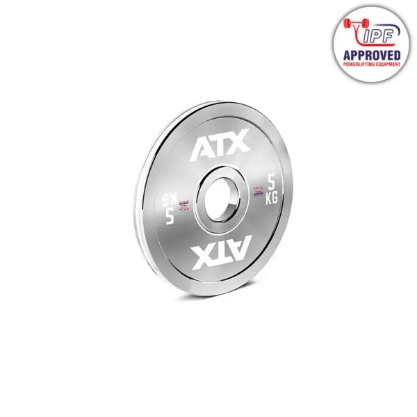 A chrome 25 kg ATX powerlifting plate is displayed on a white background, featuring the IPF-approved logo in the top right corner.